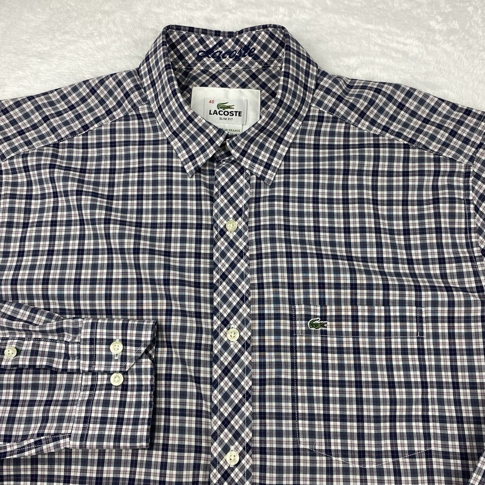 Lacoste Shirt Mens 40 (Large) Gray Plaid Long Sleeves Embroidered Collar‎